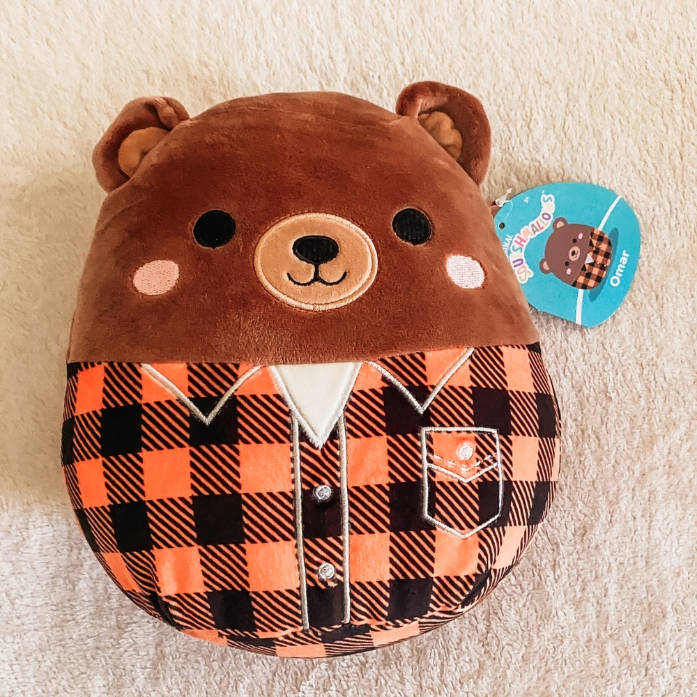 NEW Squishmallows Omar the Bear 7.5" Autumn Harvest Plush Toy Orange Plaid Shirt